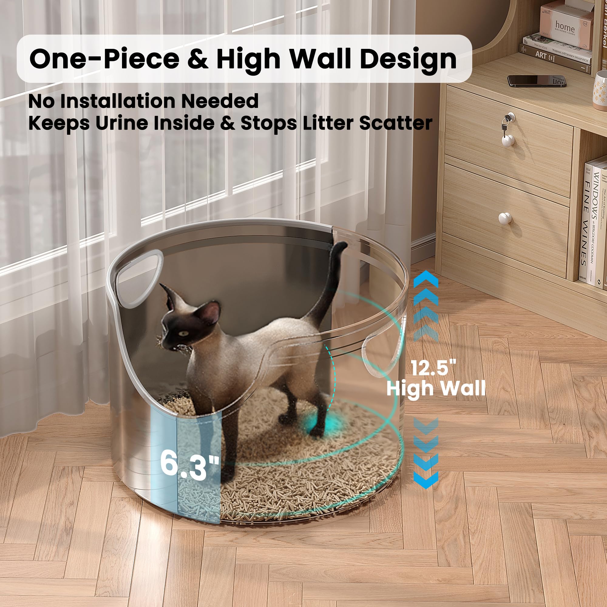Aothey round high side litter box shows 12 inch containment