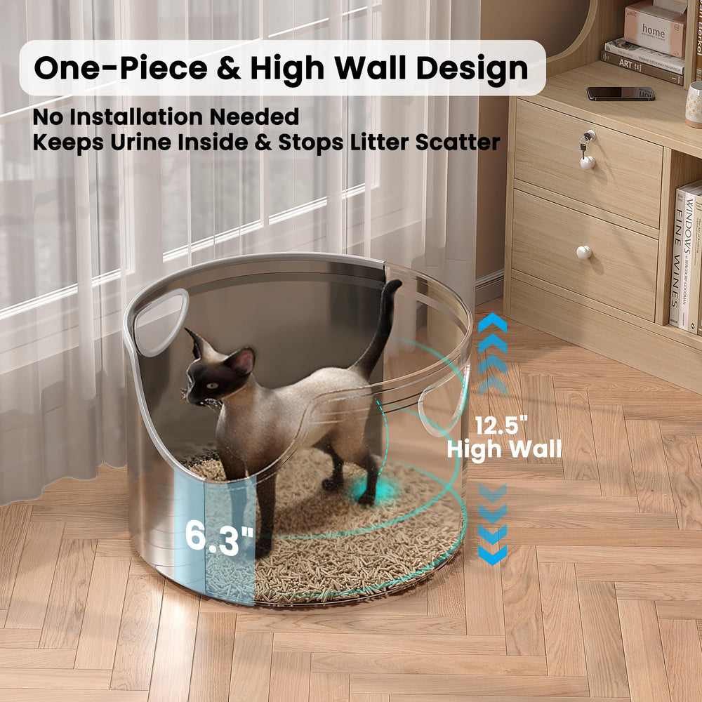 Aothey round high side litter box shows 12 inch containment