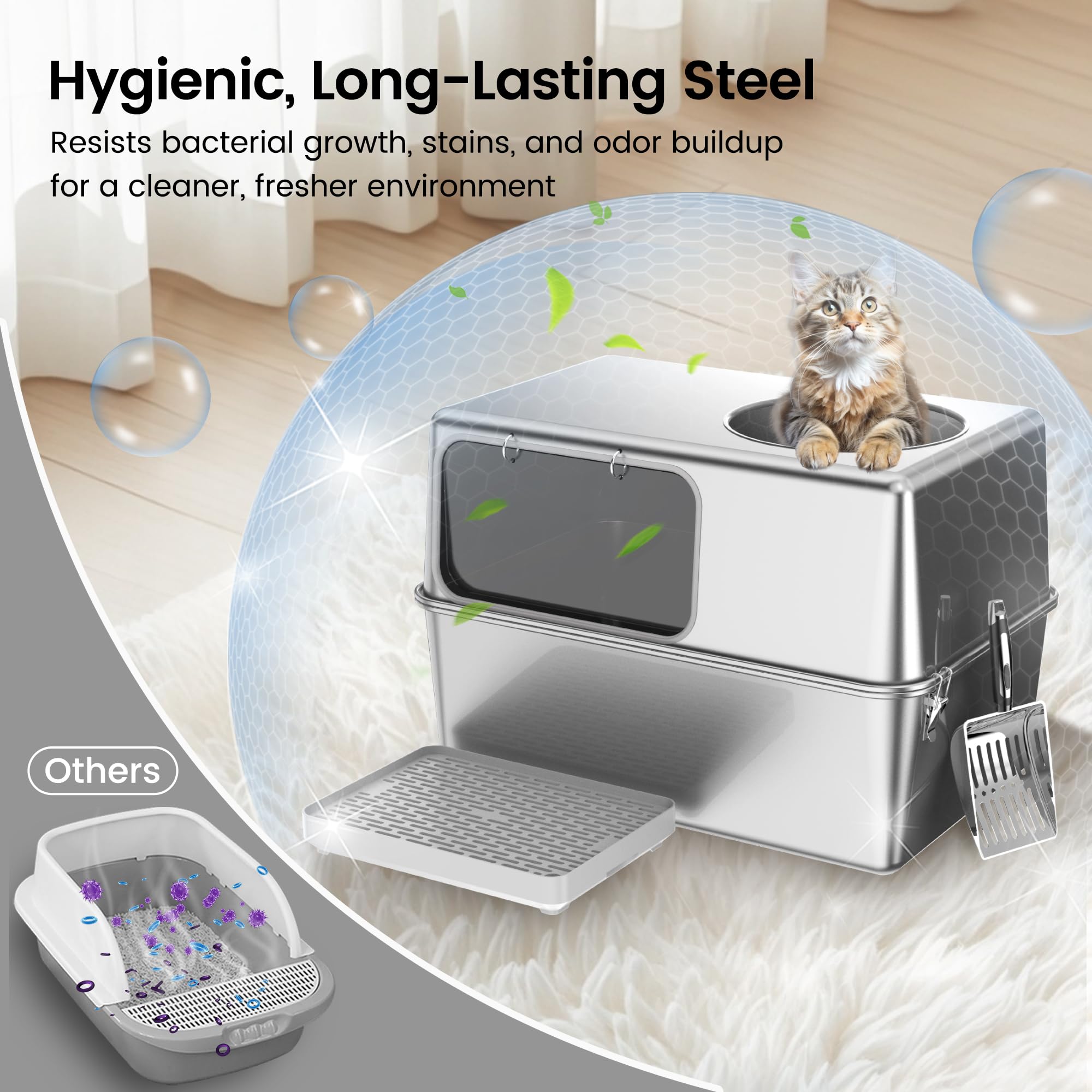 Aothey large stainless steel litter box with ample interior space for most cats.