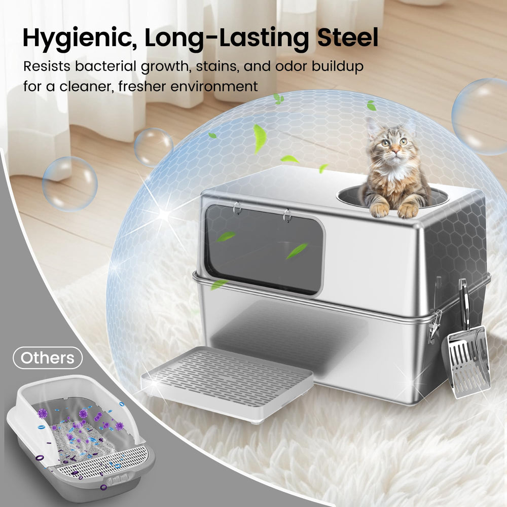 Aothey large stainless steel litter box with ample interior space for most cats.