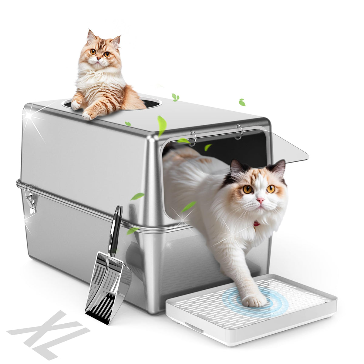 Aothey stainless steel litter box with lid, front view, private space for cats.