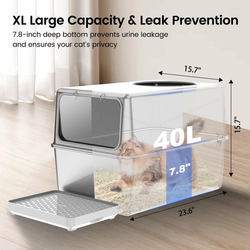 Aothey stainless steel litter box with lid, side view, durable construction.