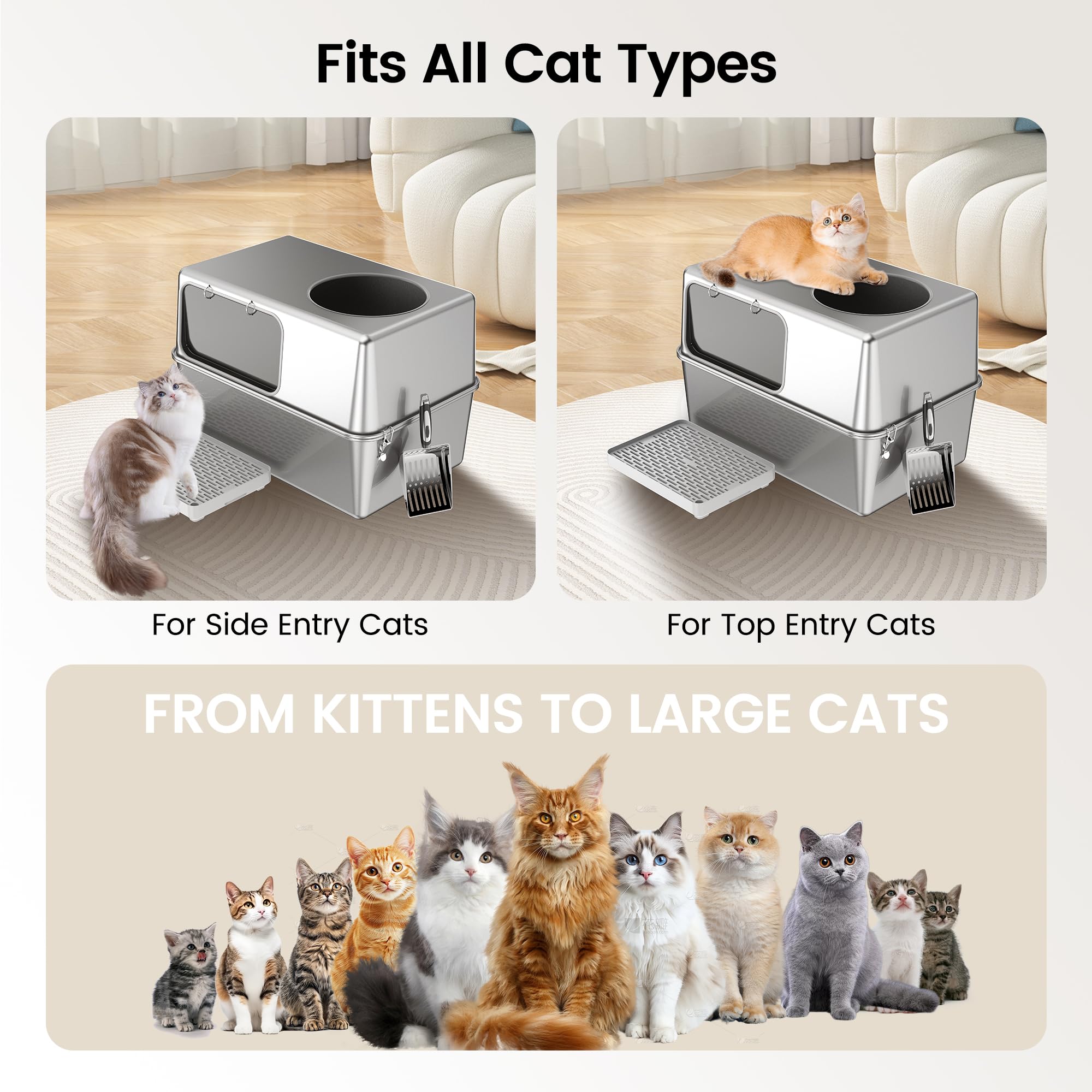 Aothey stainless steel scoop included with the litter box for easy cleanup.