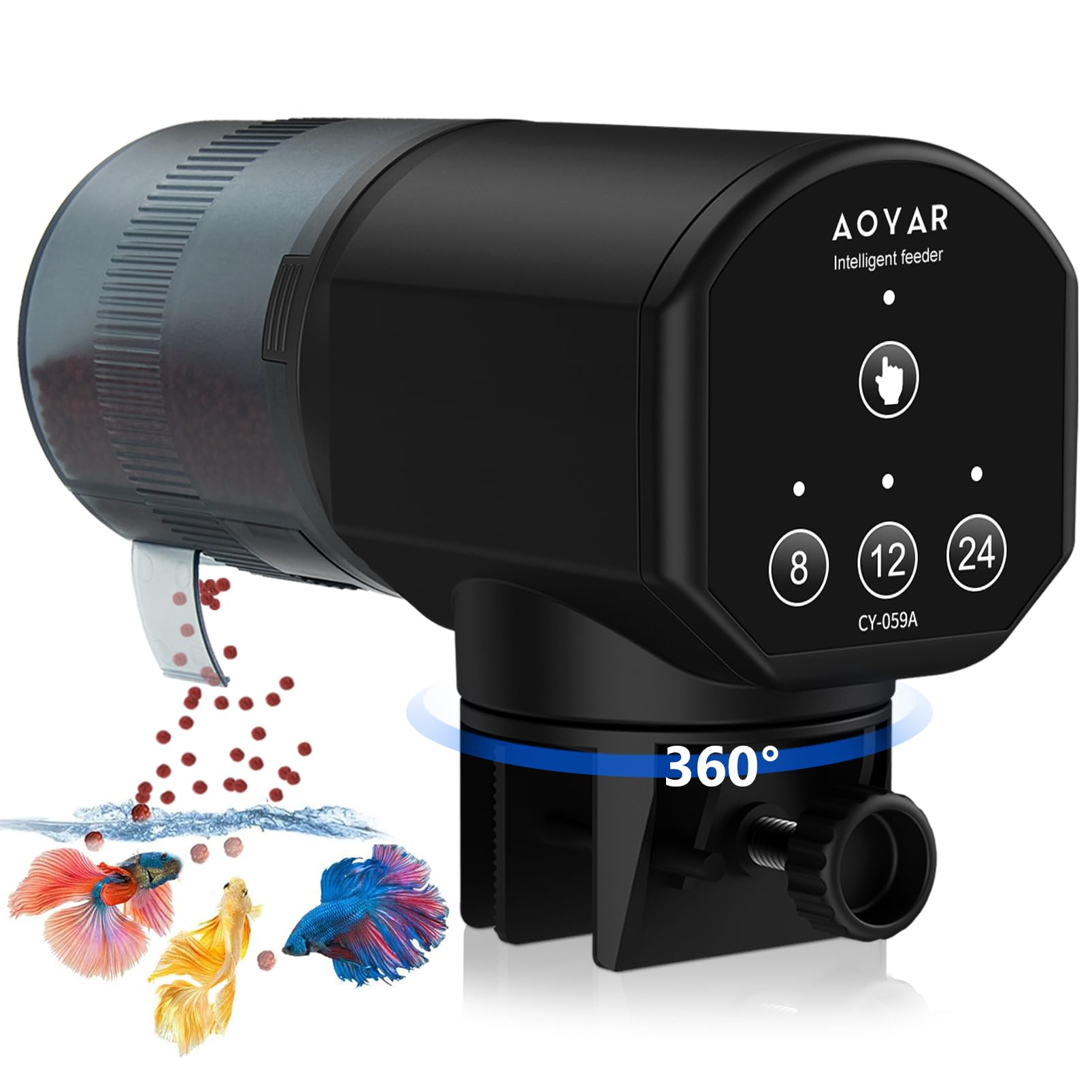 Aoyar automatic fish feeder closeup showing precise dispensing for small tanks