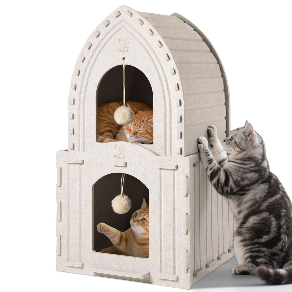 Apasiri 2-Story Cat House front view shows warm, compact indoor shelter.