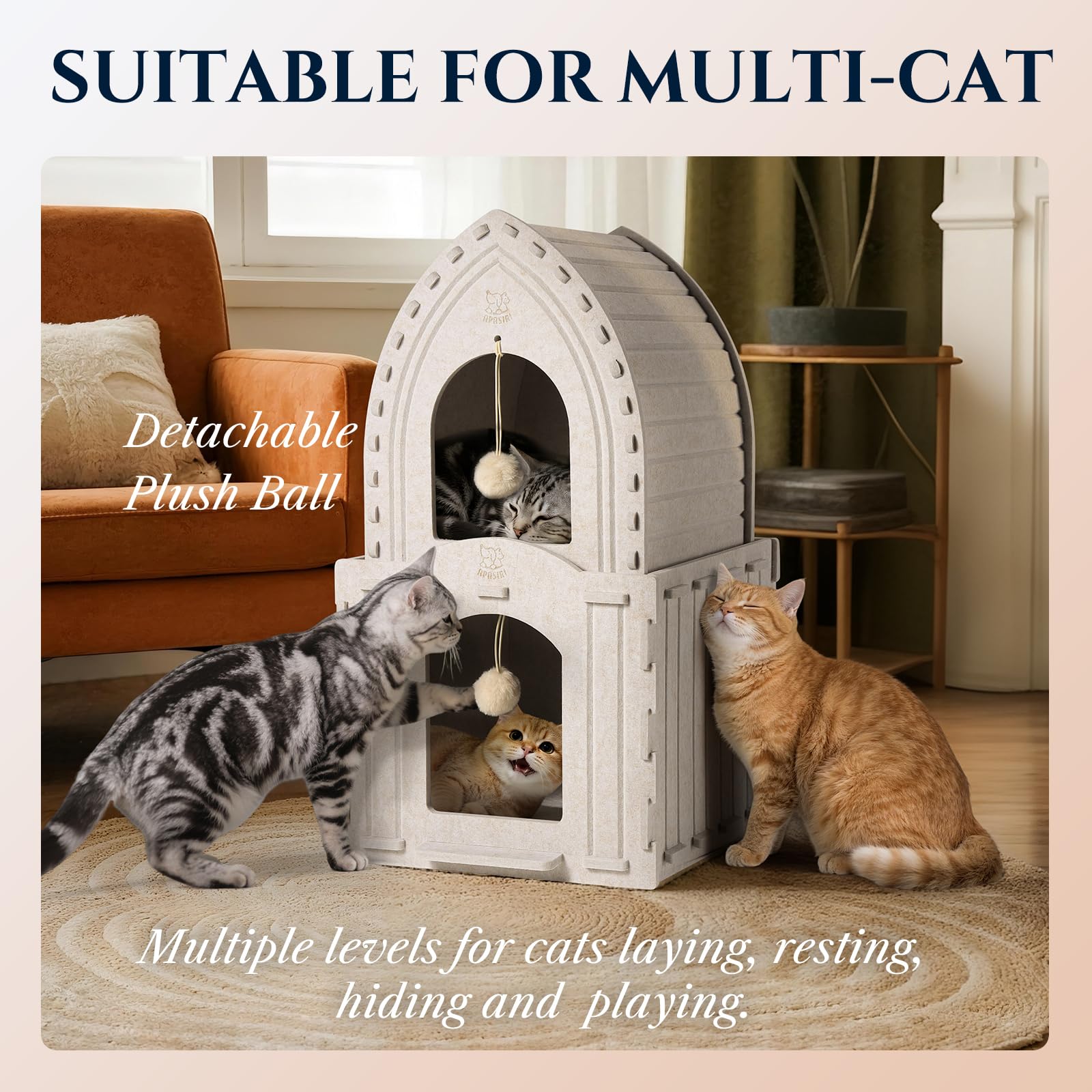 Apasiri 2-Story Cat House plush-ball-detachable-toy invites gentle play and longer engagement.