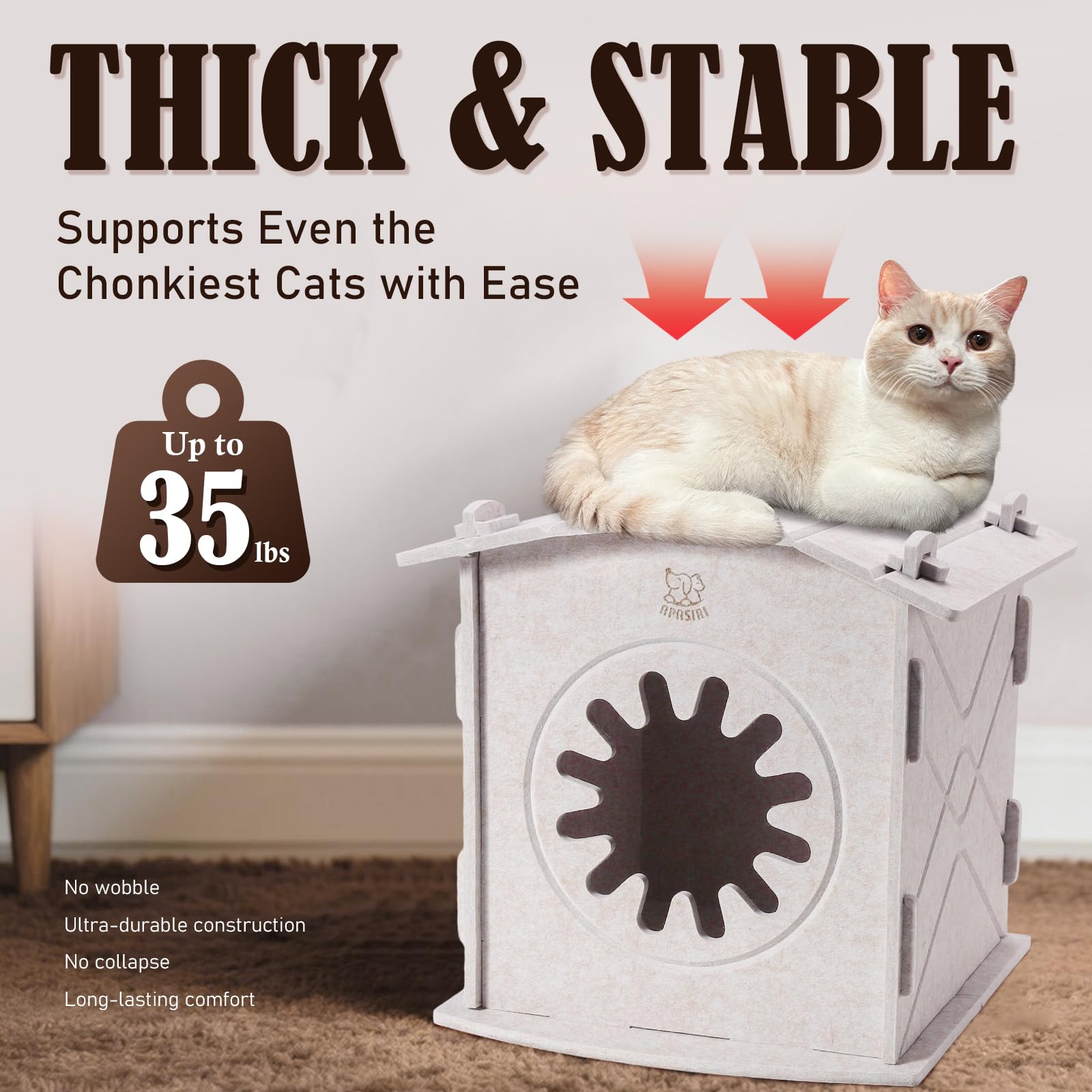 Apasiri cat-house hidden cable hole enables heating pad use during cold weather.