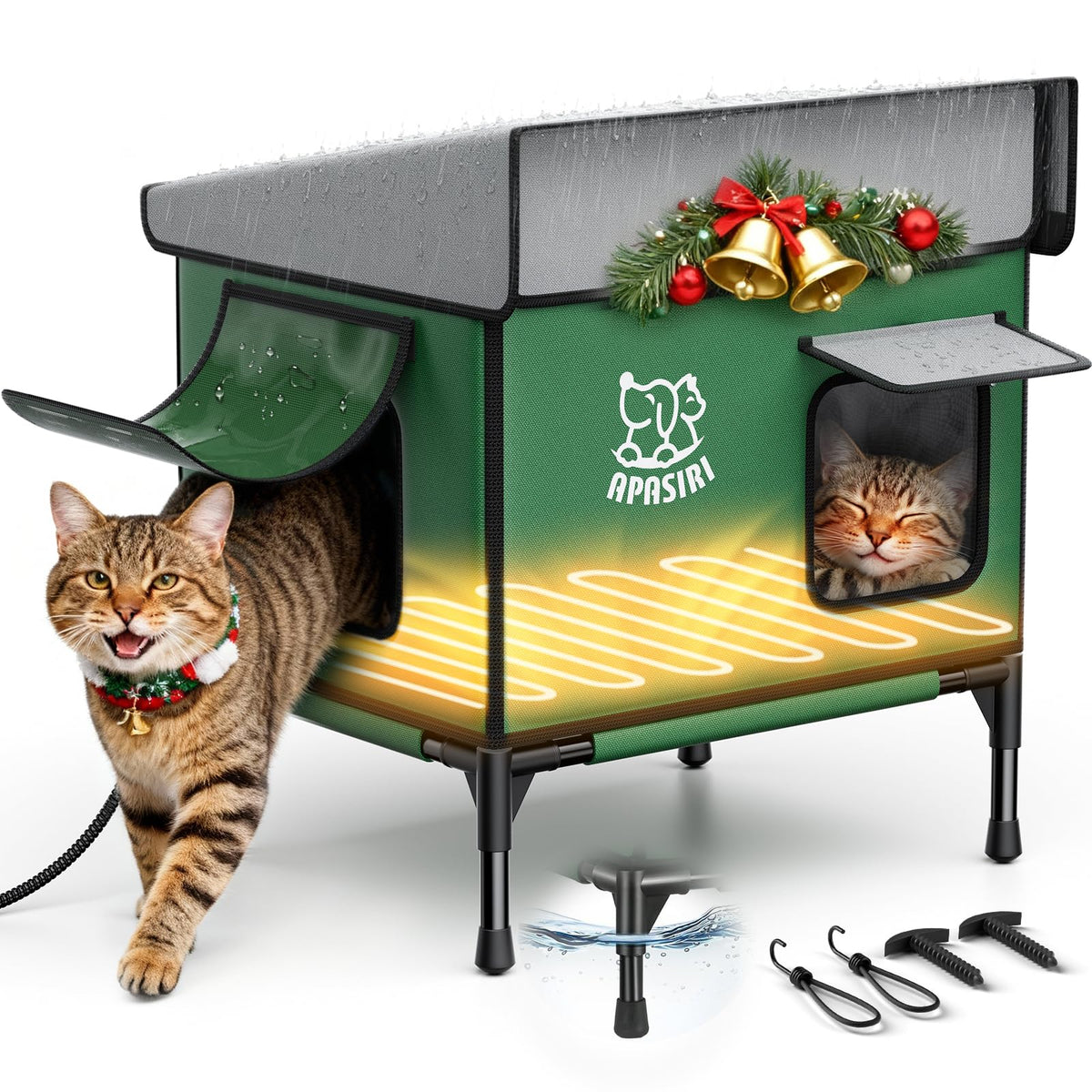 Apasiri heated cat house outdoor front view shows weatherproof shelter for cold days.