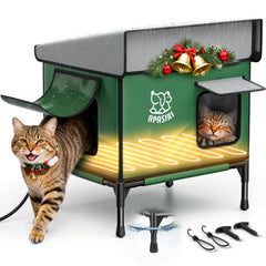 Apasiri heated cat house outdoor front view shows weatherproof shelter for cold days.