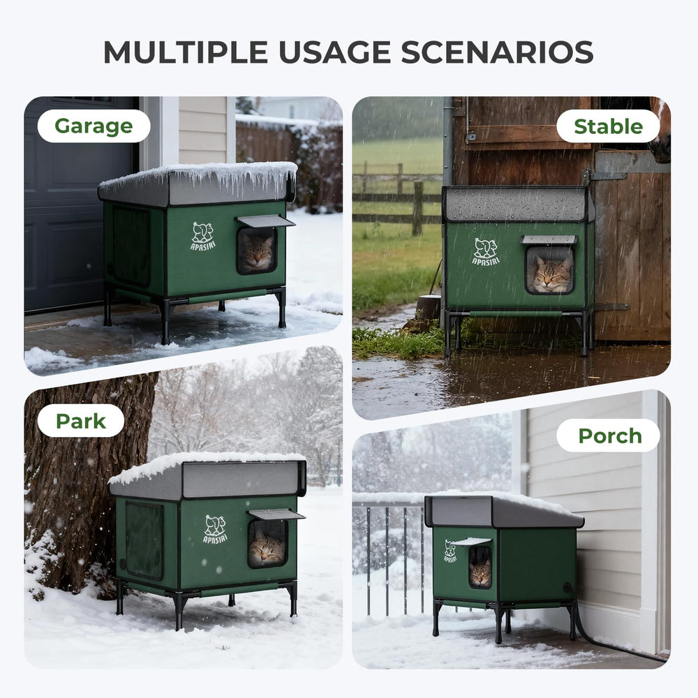 Apasiri heated cat house outdoor heated pad image demonstrates auto on/off warmth for continuous comfort.