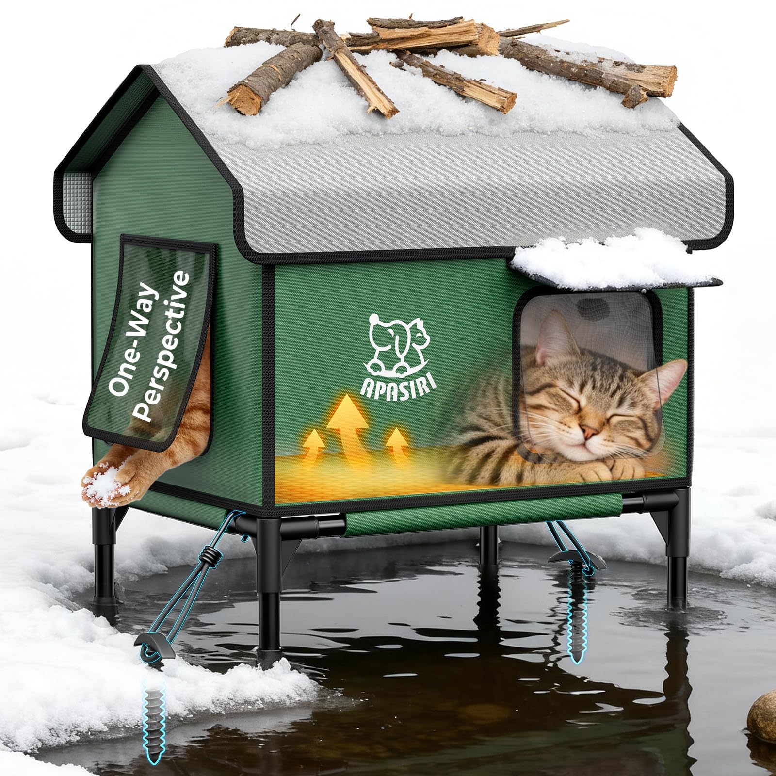 Apasiri heated outdoor cat house front view showcases durable weather protection.