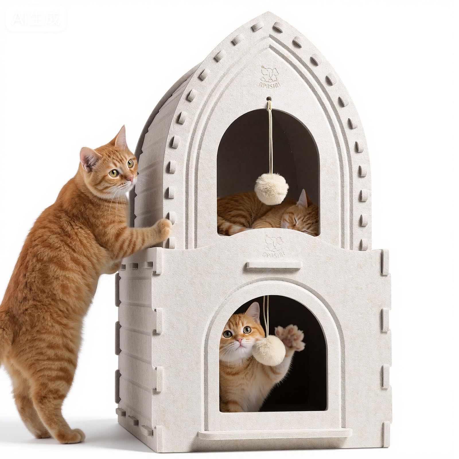 Apasiri indoor cat house two-deck castle front view; cozy shelter for two cats