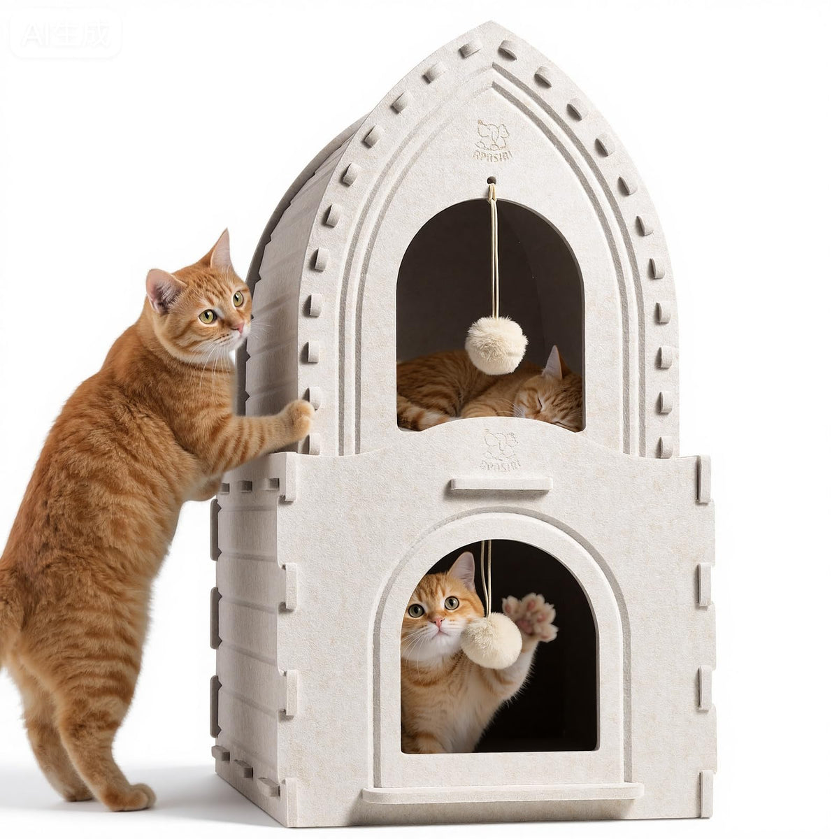 Apasiri indoor cat house two-deck castle front view; cozy shelter for two cats