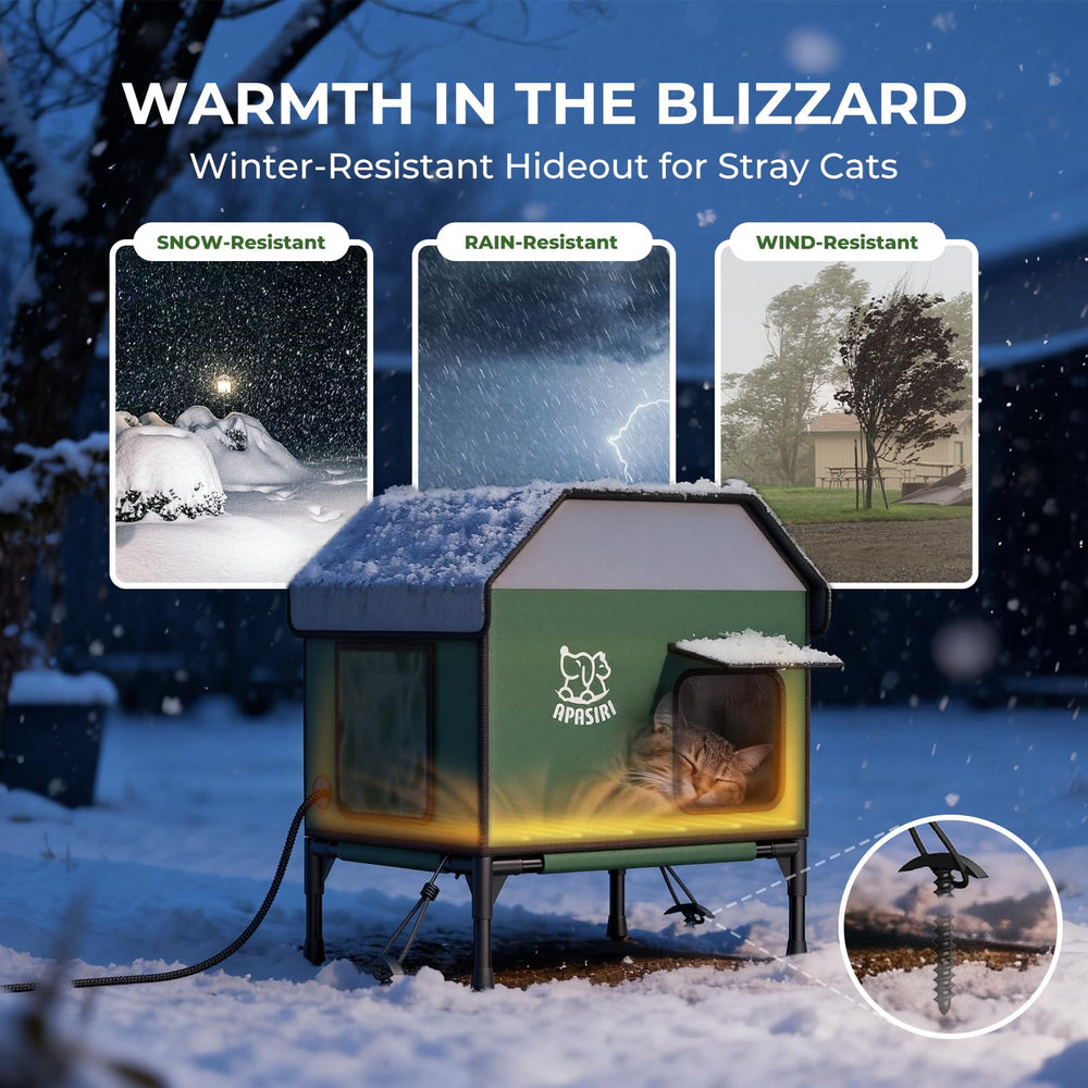 Apasiri heated outdoor cat house dual entrance design with curtains for security and airflow.