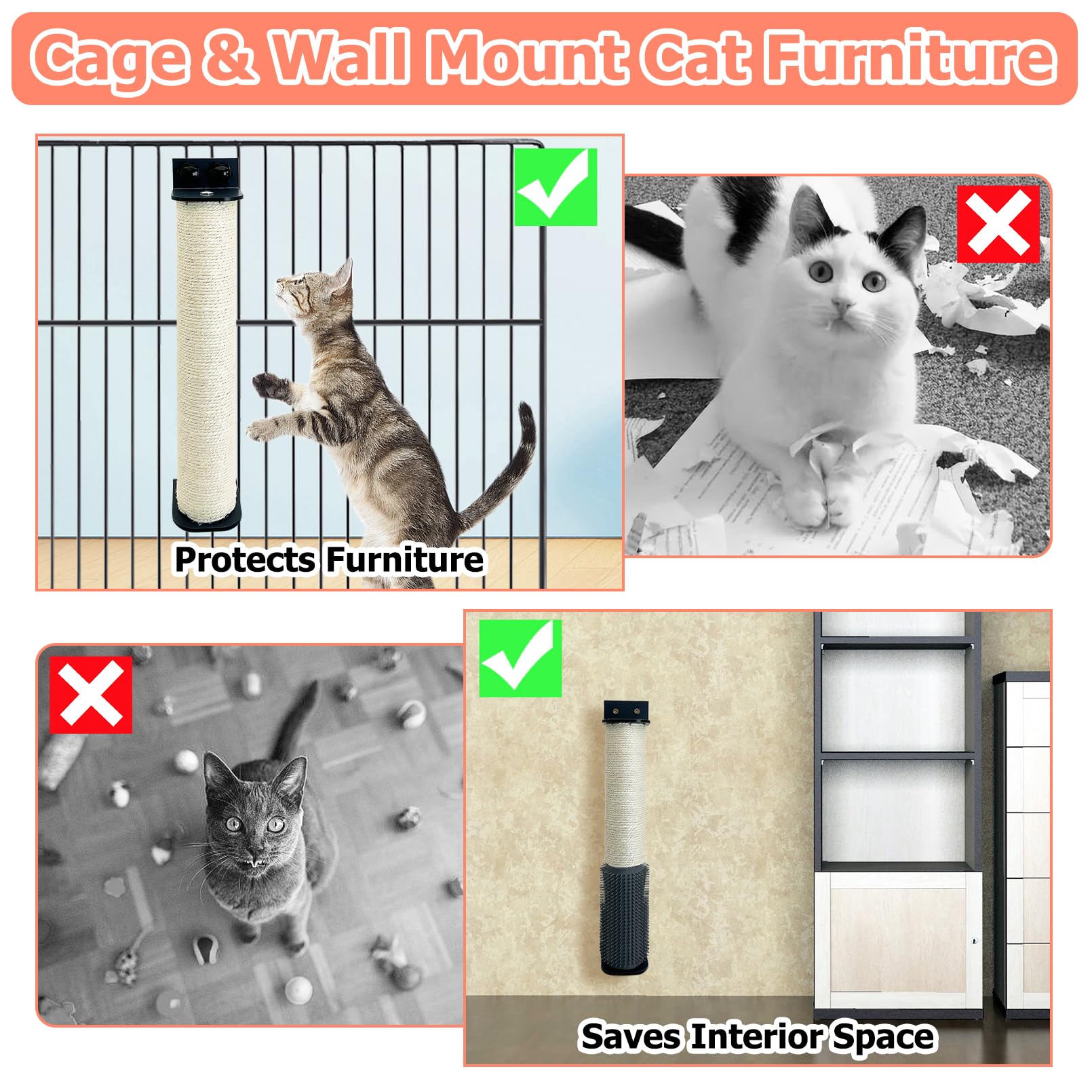 Apatal cage and wall mount scratcher shown in use for climbing and scratching