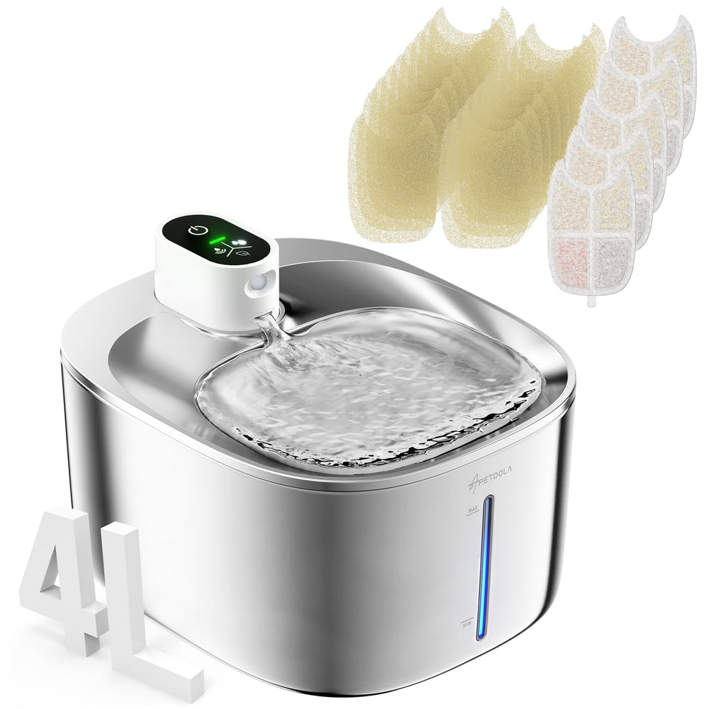 APD APETDOLA cat water fountain front view in stainless steel for clean hydration.