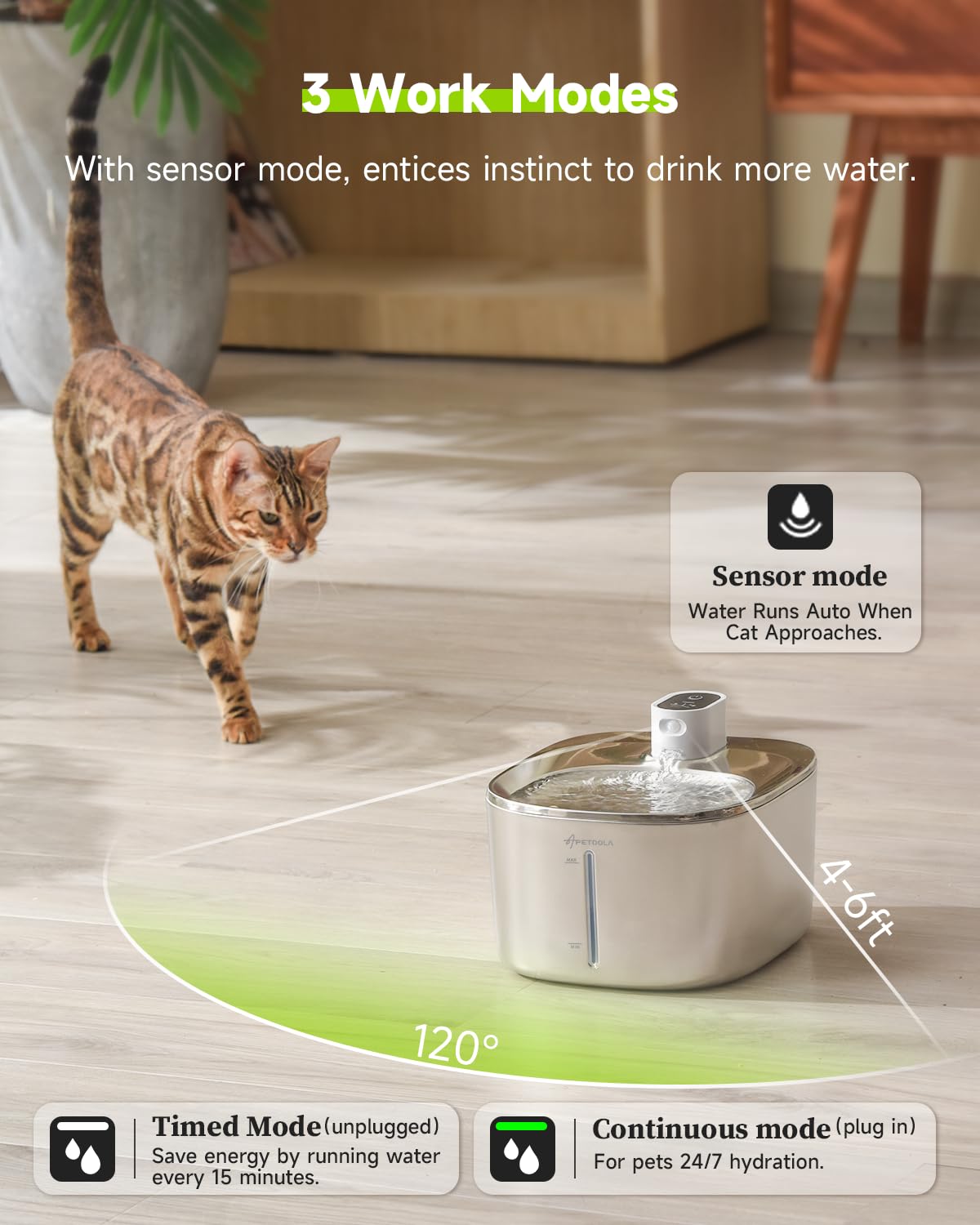 APD APETDOLA motion sensor fountain demonstrates hands-free water delivery for pets.