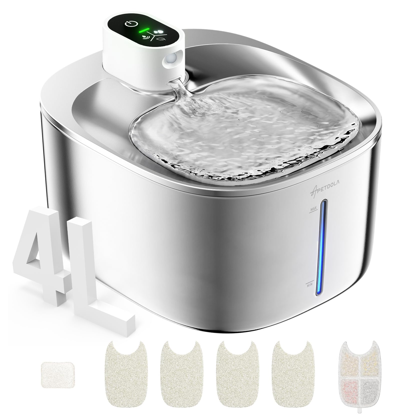 APD APETDOLA wireless cat water fountain in stainless steel offers rust-resistant durability for daily use.