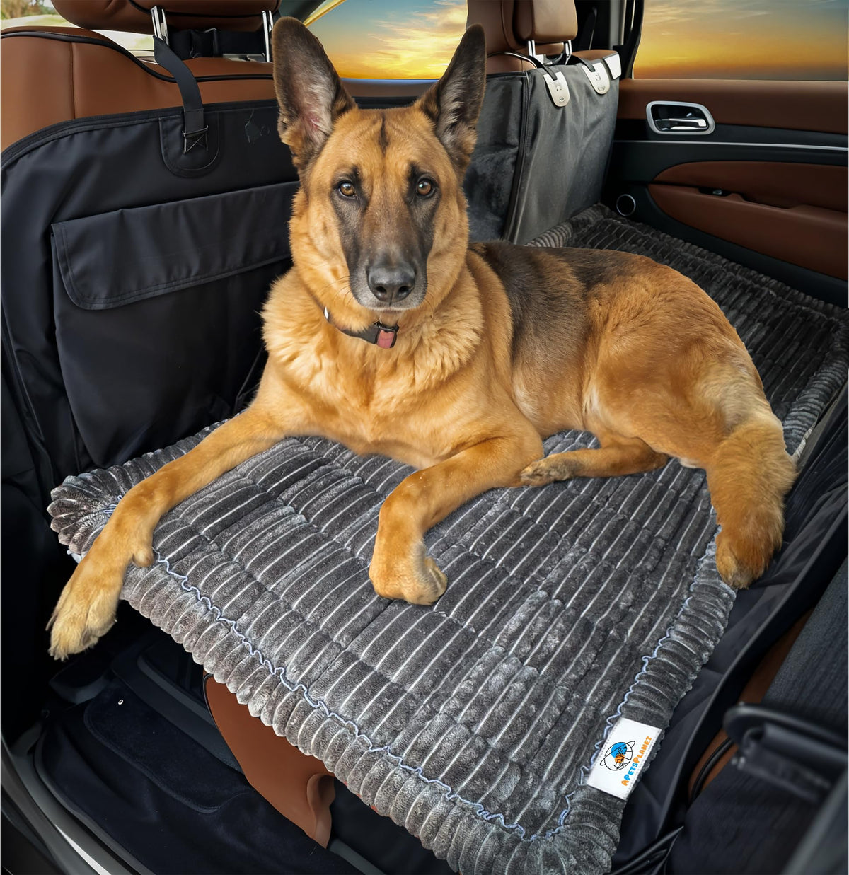 APetsPlanet dog bed on backseat extender showing spacious 54in surface for relaxed travel