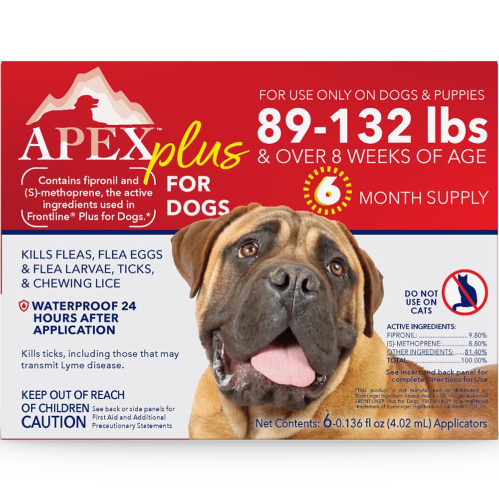 APEX Plus flea-tick bottle shows 30-day protection for X-Large dogs.