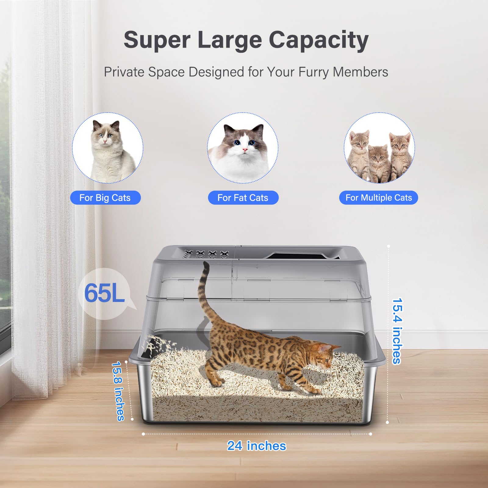 Aphyxen XL 65L capacity litter box supports large cats and long intervals.