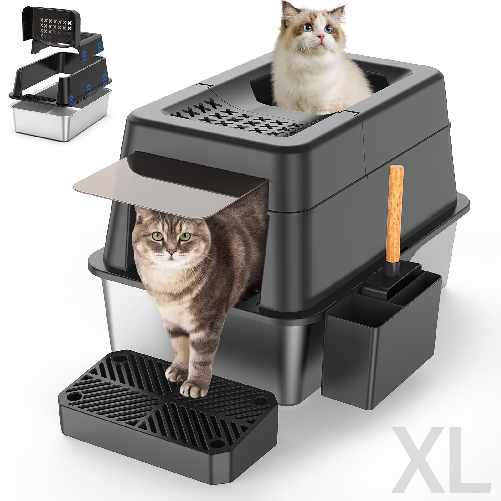 Aphyxen XL stainless steel litter box front view demonstrates durable enclosure for mess containment.