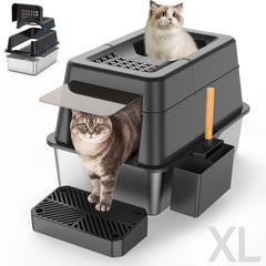 Aphyxen XL stainless steel litter box front view demonstrates durable enclosure for mess containment.