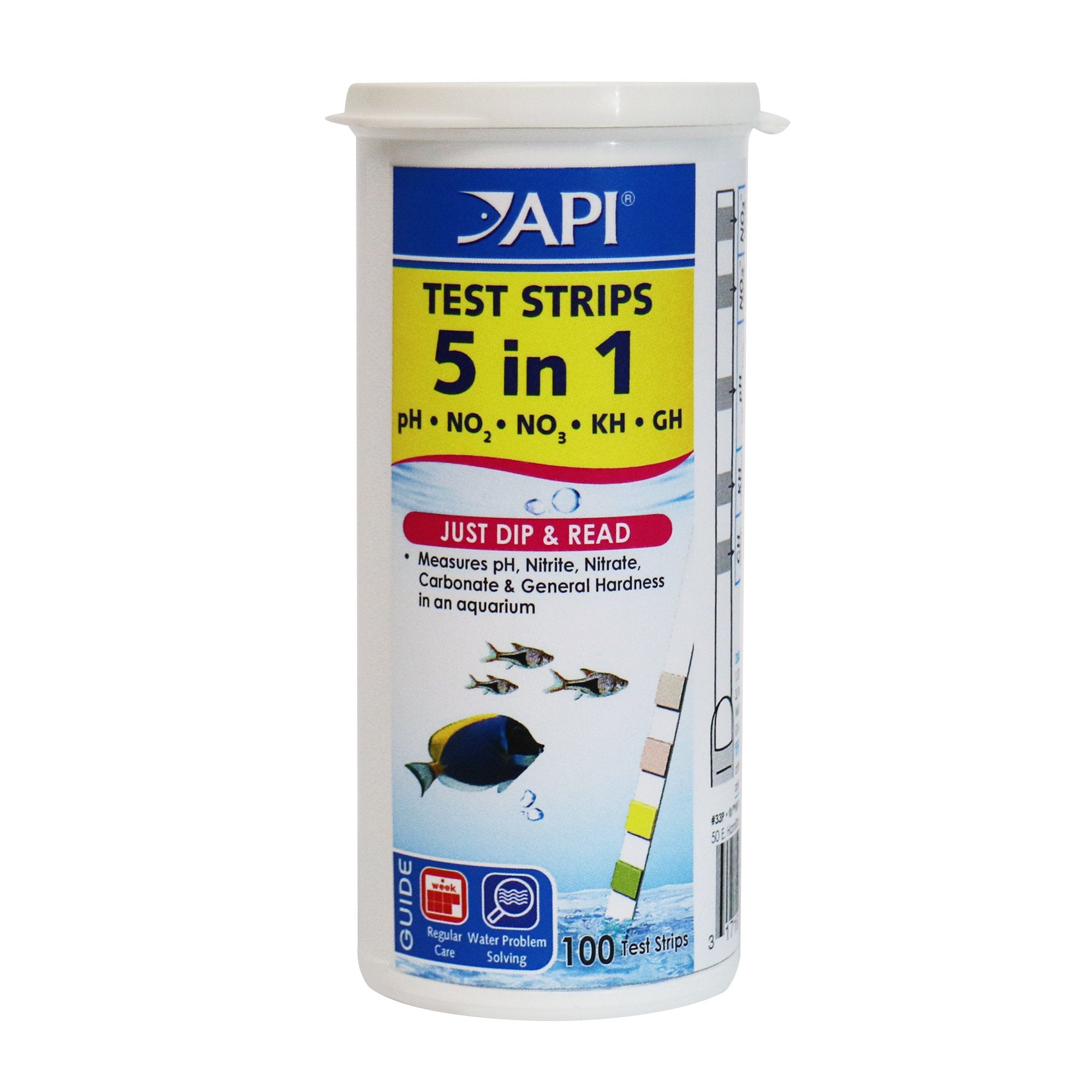 API 5-in-1 test strips box ready for quick aquarium water checks.