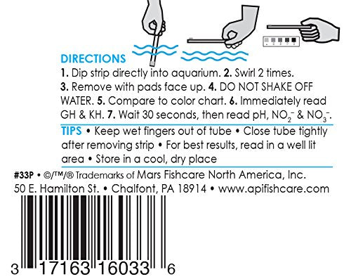 API 5-in-1 test strips dipping into water for fast results.