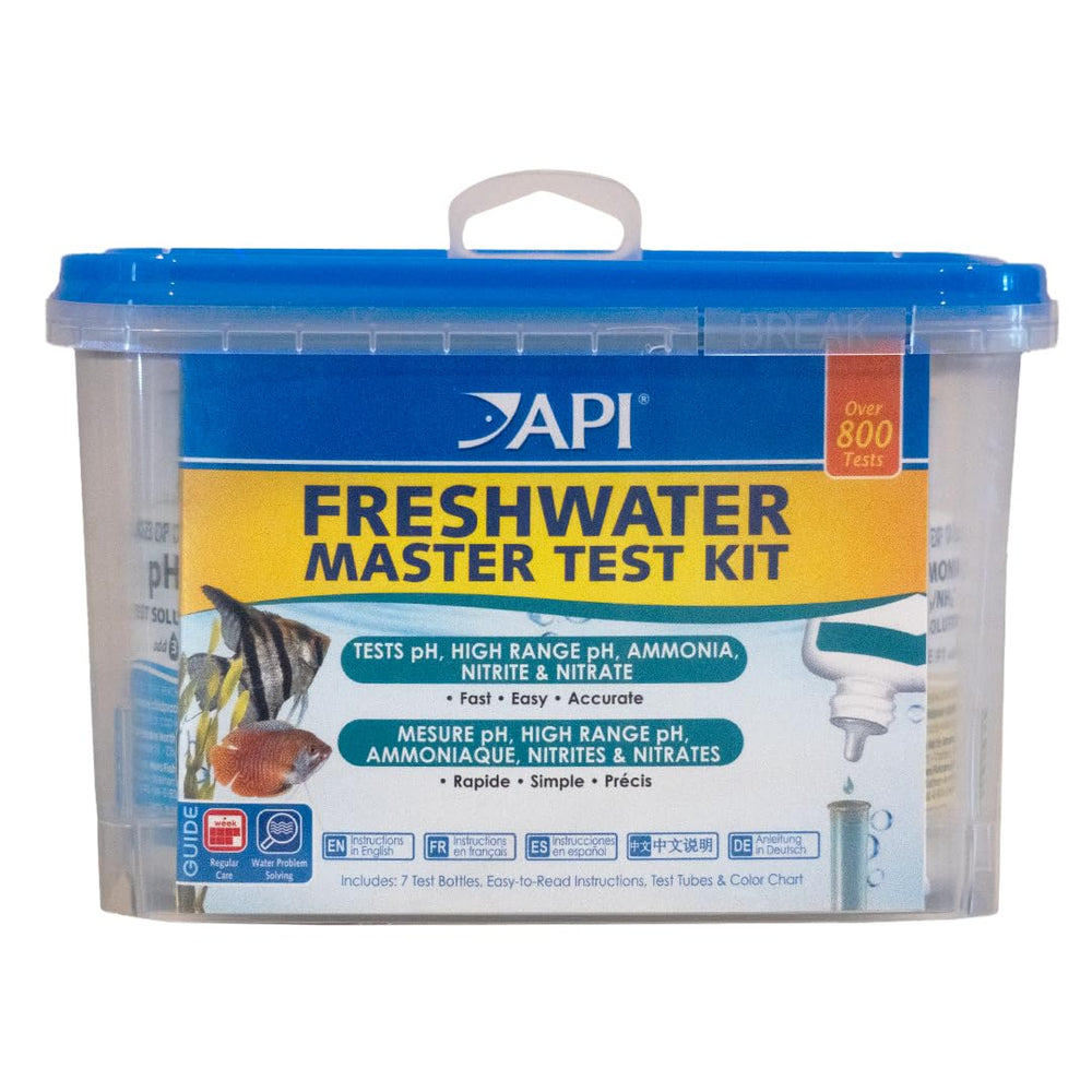 API Freshwater Master Test Kit contents with seven bottles for precise water measurements.