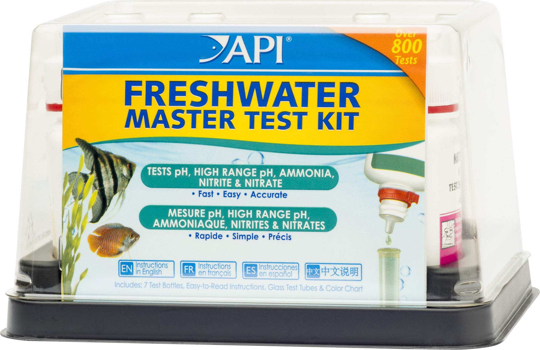 API Freshwater Master Test Kit front view with test tubes and color card for quick water checks.