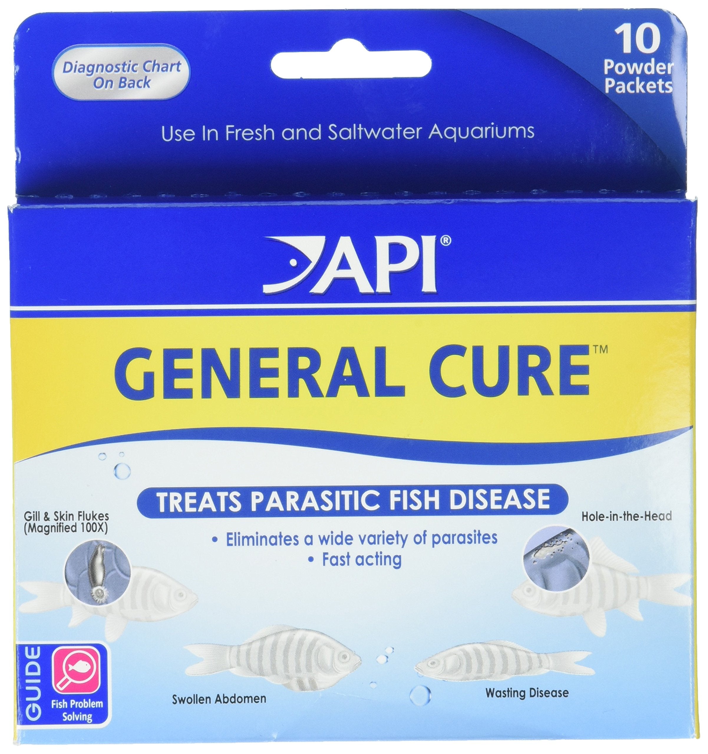 API General Cure box packets for freshwater and saltwater tanks address parasite-related symptoms.