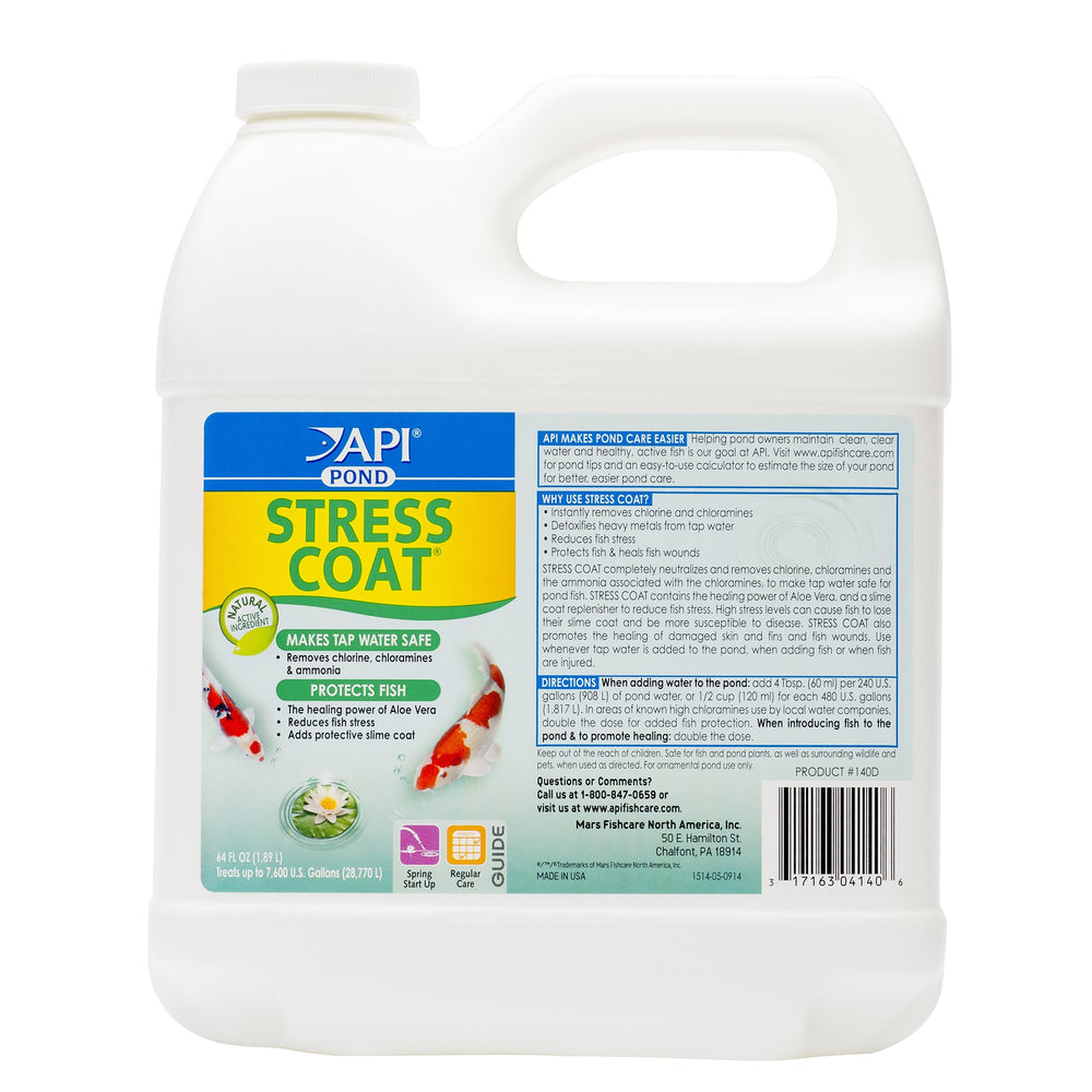 API POND STRESS COAT 64oz bottle ready for safe pond water treatment, dechlorination and conditioning.