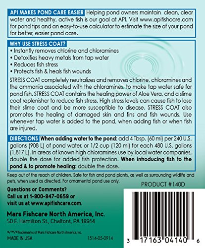 API POND STRESS COAT pouring bottle demonstrates how to treat pond water for fish comfort.