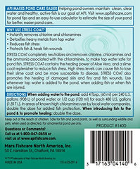 API POND STRESS COAT pouring bottle demonstrates how to treat pond water for fish comfort.