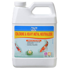 API Pondcare chlorine neutralizer bottle pouring into water for safe pond dechlorination.