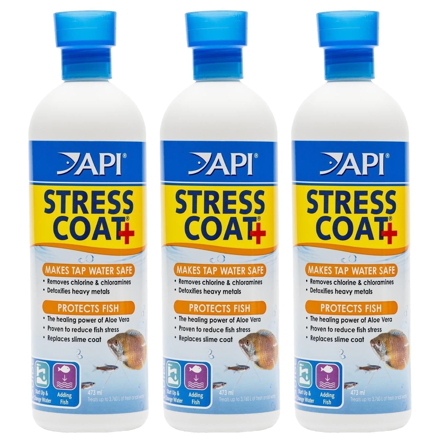 API Stress Coat 3-pack bottles improve fish safety by conditioning tap water and healing tissue.