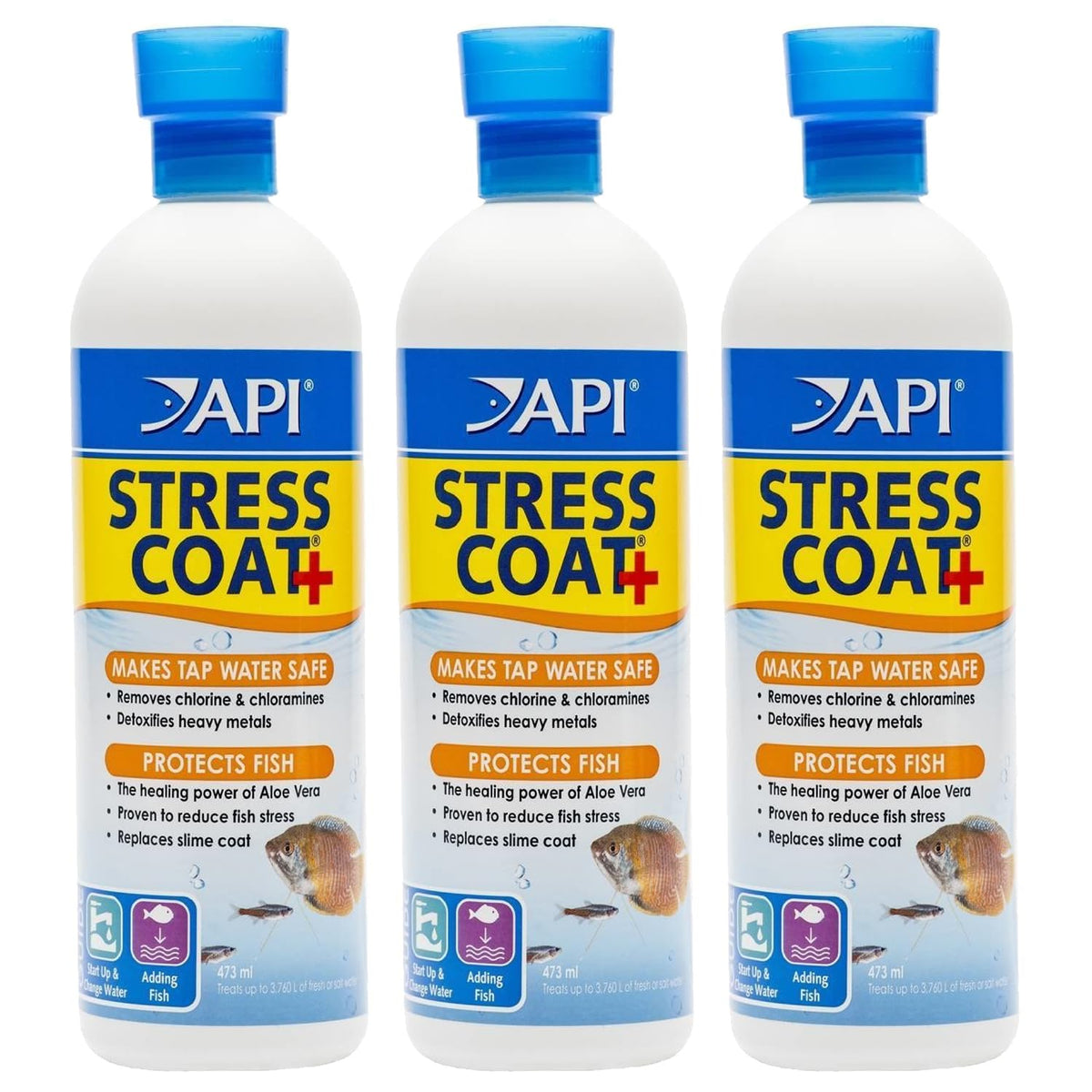 API Stress Coat 3-pack bottles improve fish safety by conditioning tap water and healing tissue.