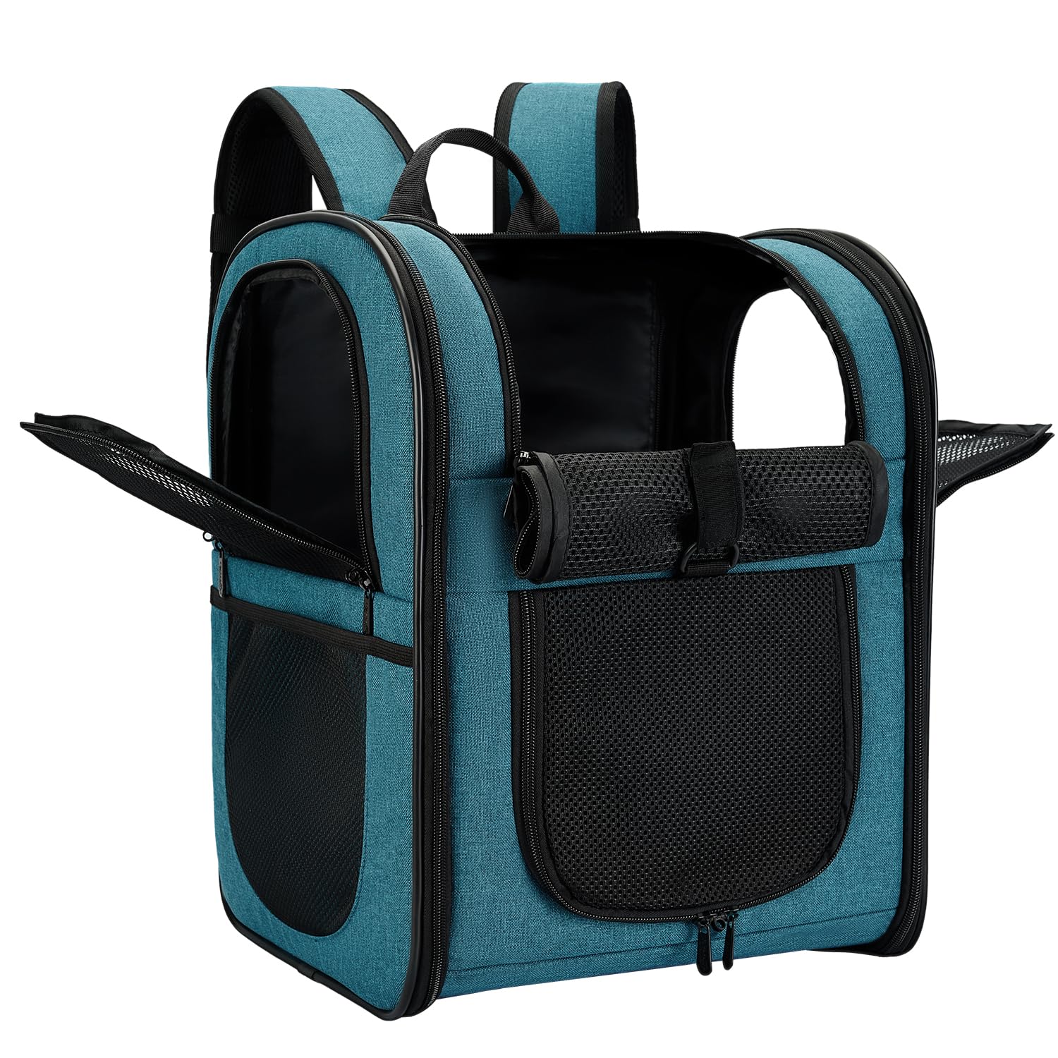 Apollo Walker teal carrier backpack side view showing breathable mesh for pet comfort