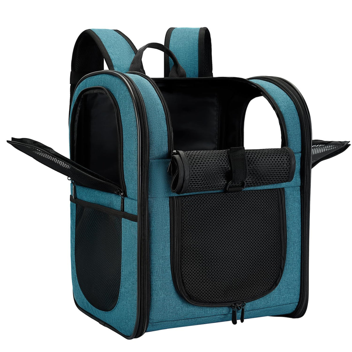 Apollo Walker teal carrier backpack side view showing breathable mesh for pet comfort