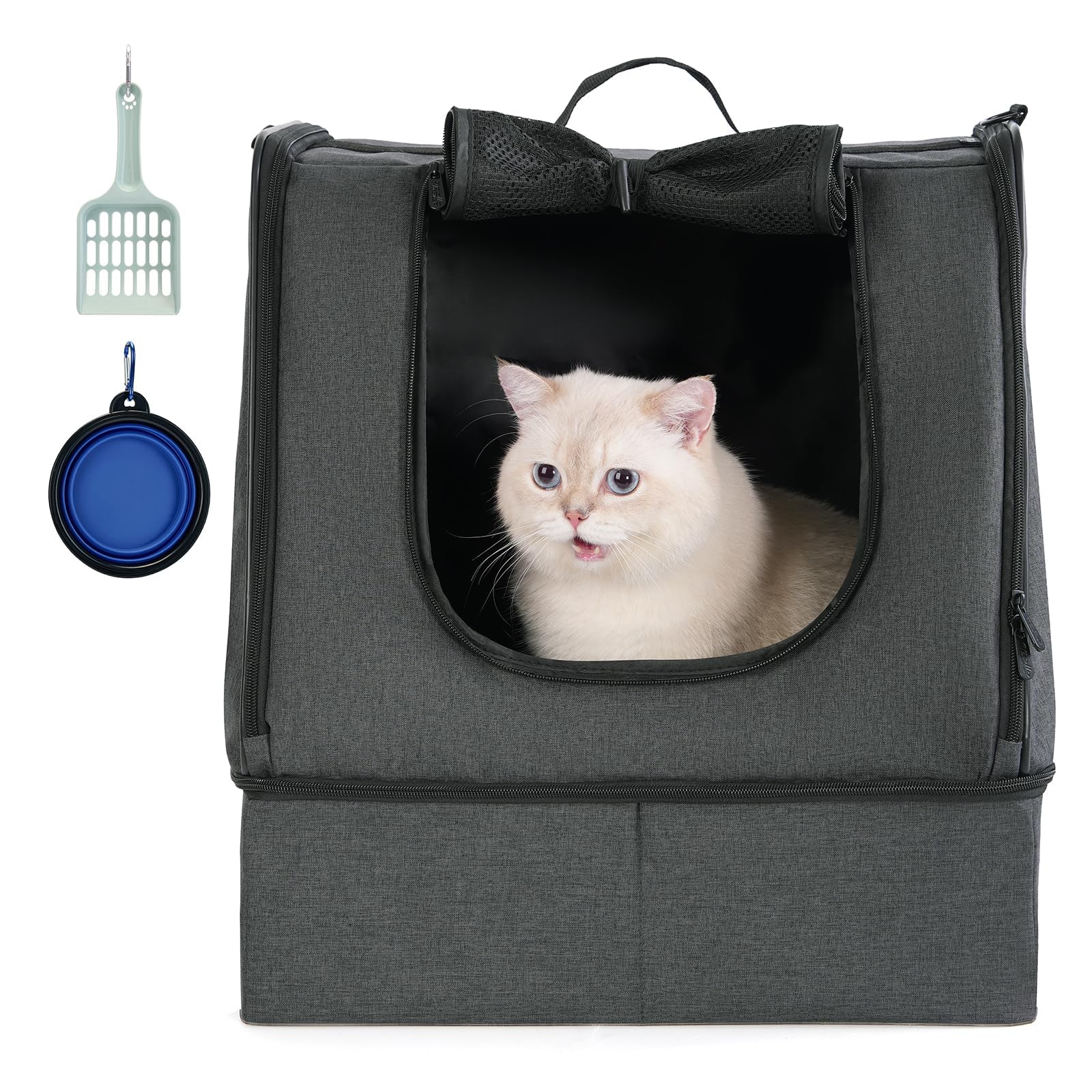 Apollo Walker portable cat travel litter box opened to show roomy interior for cats.