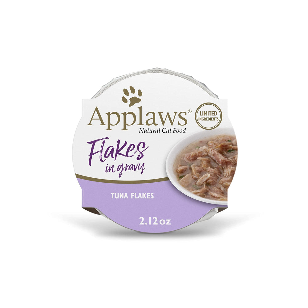 Applaws bowl with tuna flakes in gravy showing protein-rich wet food appeal.