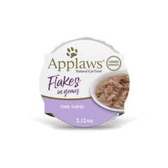 Applaws bowl with tuna flakes in gravy showing protein-rich wet food appeal.