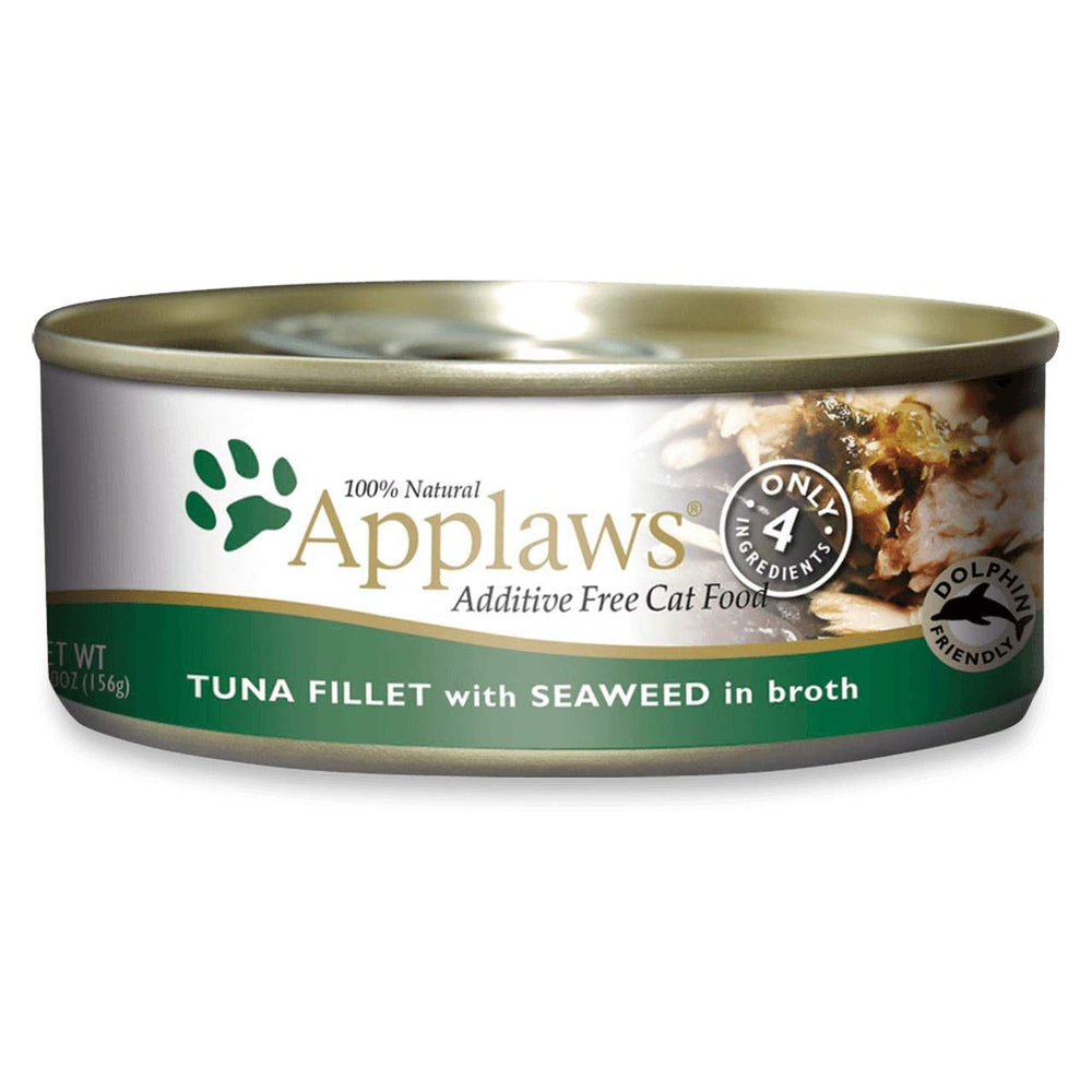 Applaws cat tin tuna with seaweed pack front offering additive-free nutrition for meals.