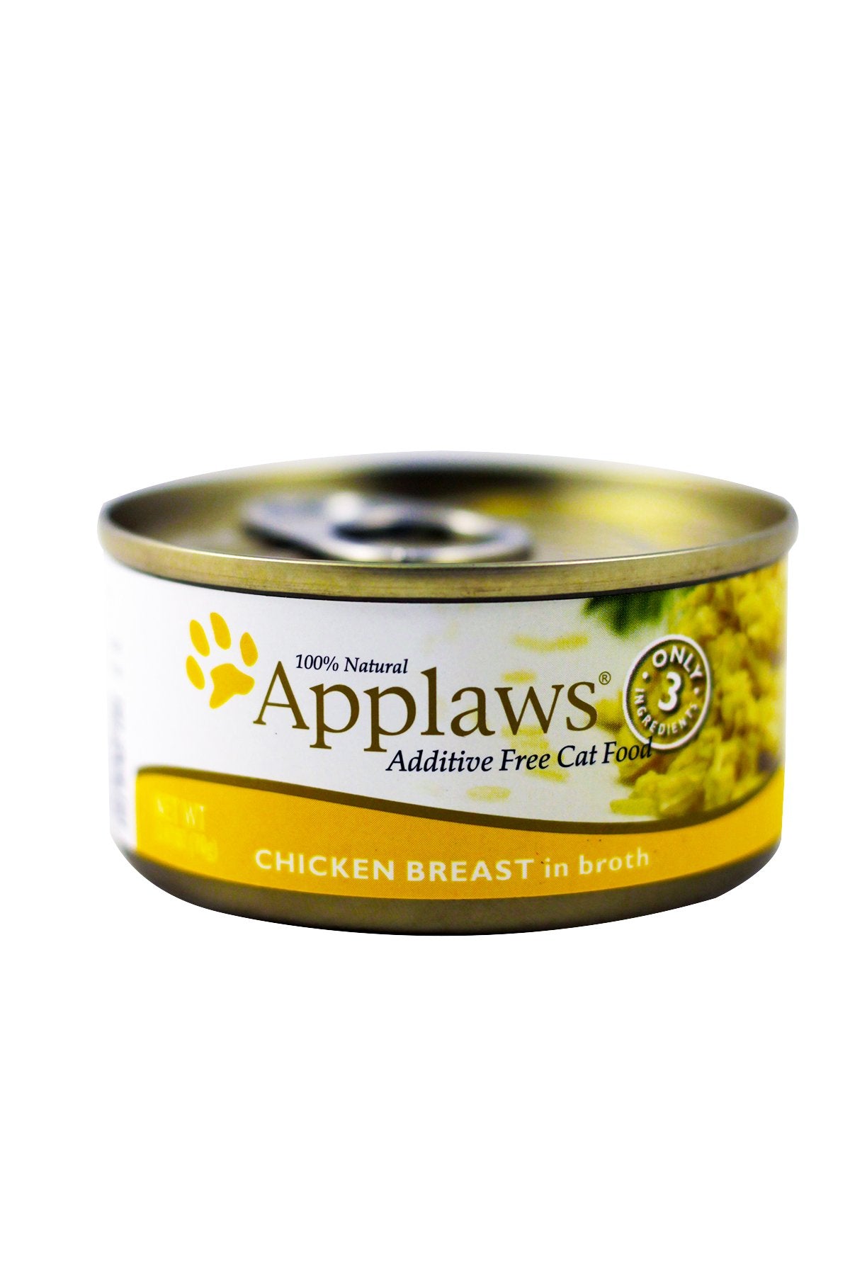 Applaws Chicken Breast in Broth 2.47oz can, clear broth visible, supports palatability and hydration for pets