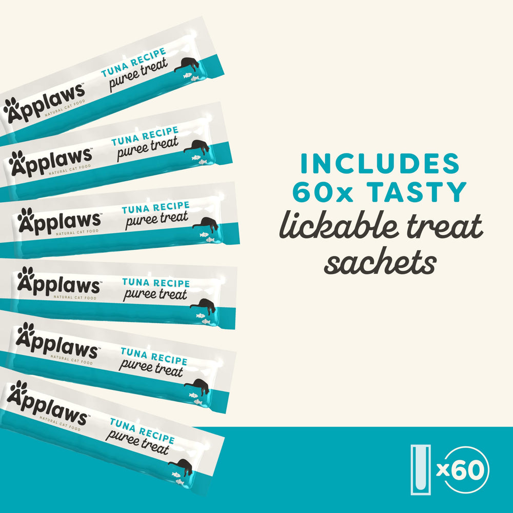 Applaws lickable treats tuna puree sachet opening for convenient serving.