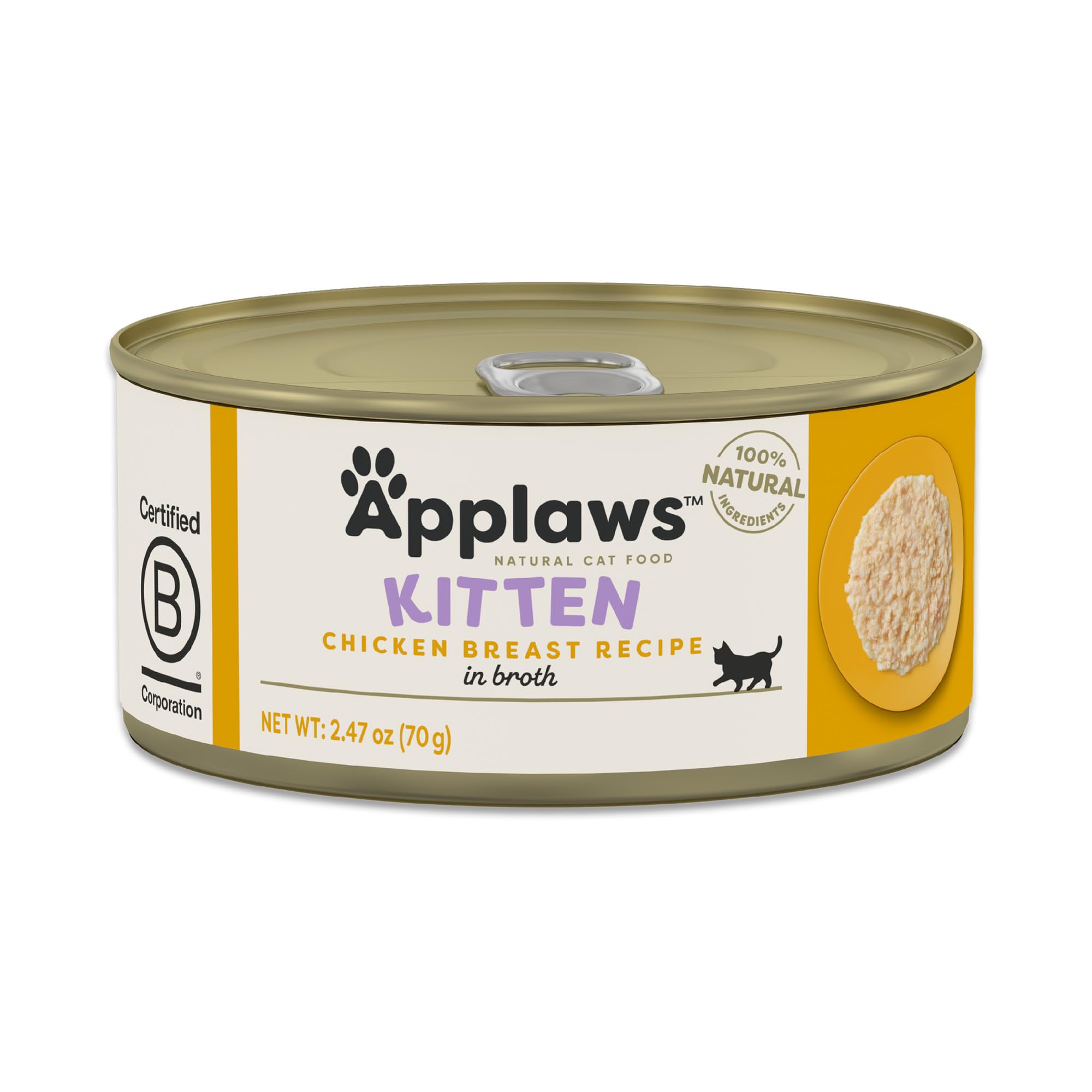 Applaws natural ingredients close-up, highlighting chicken breast in broth.