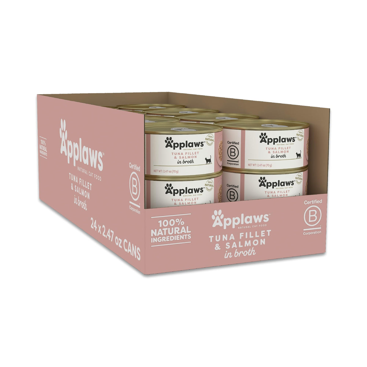 Applaws natural wet cat food broth with tuna fillet and salmon for hydration.