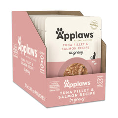 Applaws natural wet cat food in gravy tuna-salmon pouches, premium protein for feline meals.