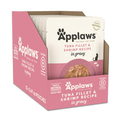 Applaws natural wet cat food in gravy tuna with shrimp pouch highlighting premium protein for hydration and flavor